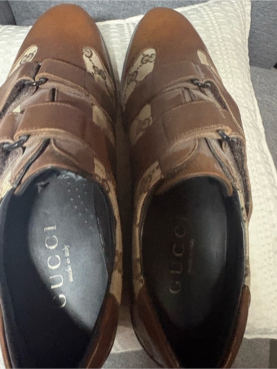 Gucci Brown Leather & GG Canvas Velcro Loafers - Men size 9 Brand New main image 5